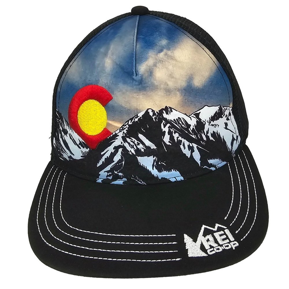 REI CO-OP Trucker Hat Black Snapback Outdoor Cap Mountains Adjustable Mesh OSFM‎